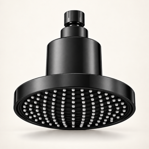 Black Velora filtered showerhead showing the accurate underside on a warm ivory background