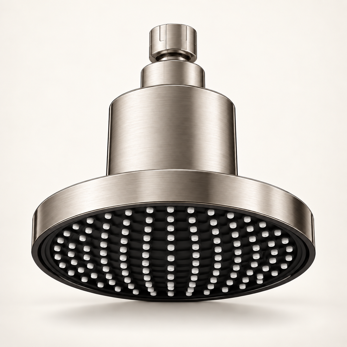 Brushed nickel Velora filtered showerhead showing the accurate underside on a warm ivory background