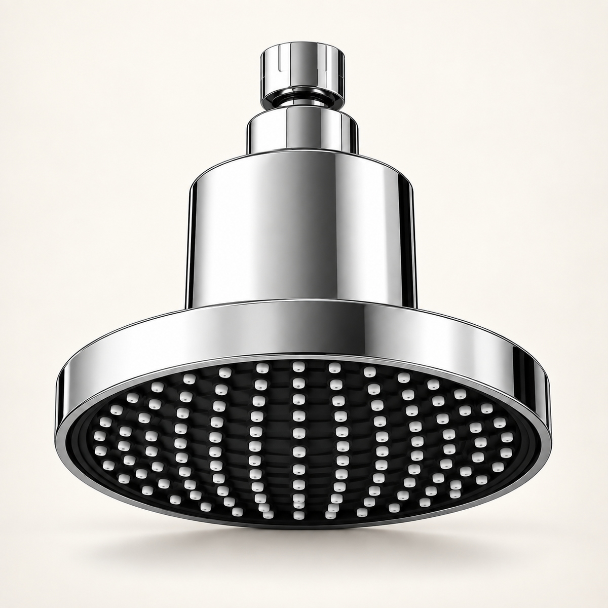 Chrome Velora filtered showerhead showing the accurate underside on a warm ivory background