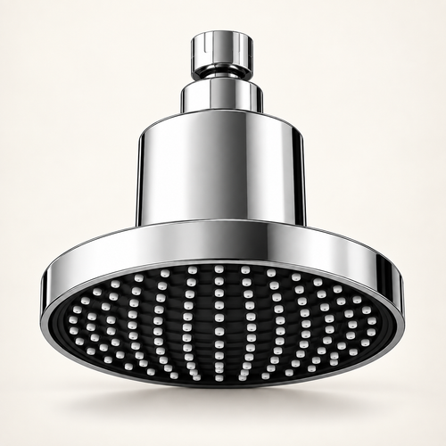 Chrome Velora filtered showerhead showing the accurate underside on a warm ivory background