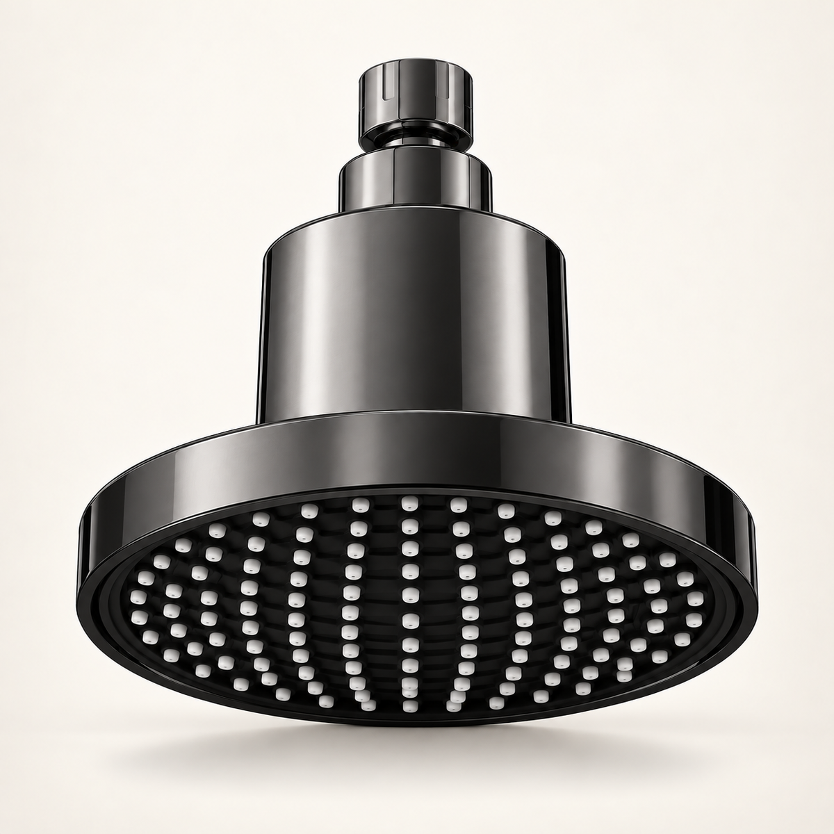 Gun gray Velora filtered showerhead showing the accurate underside on a warm ivory background