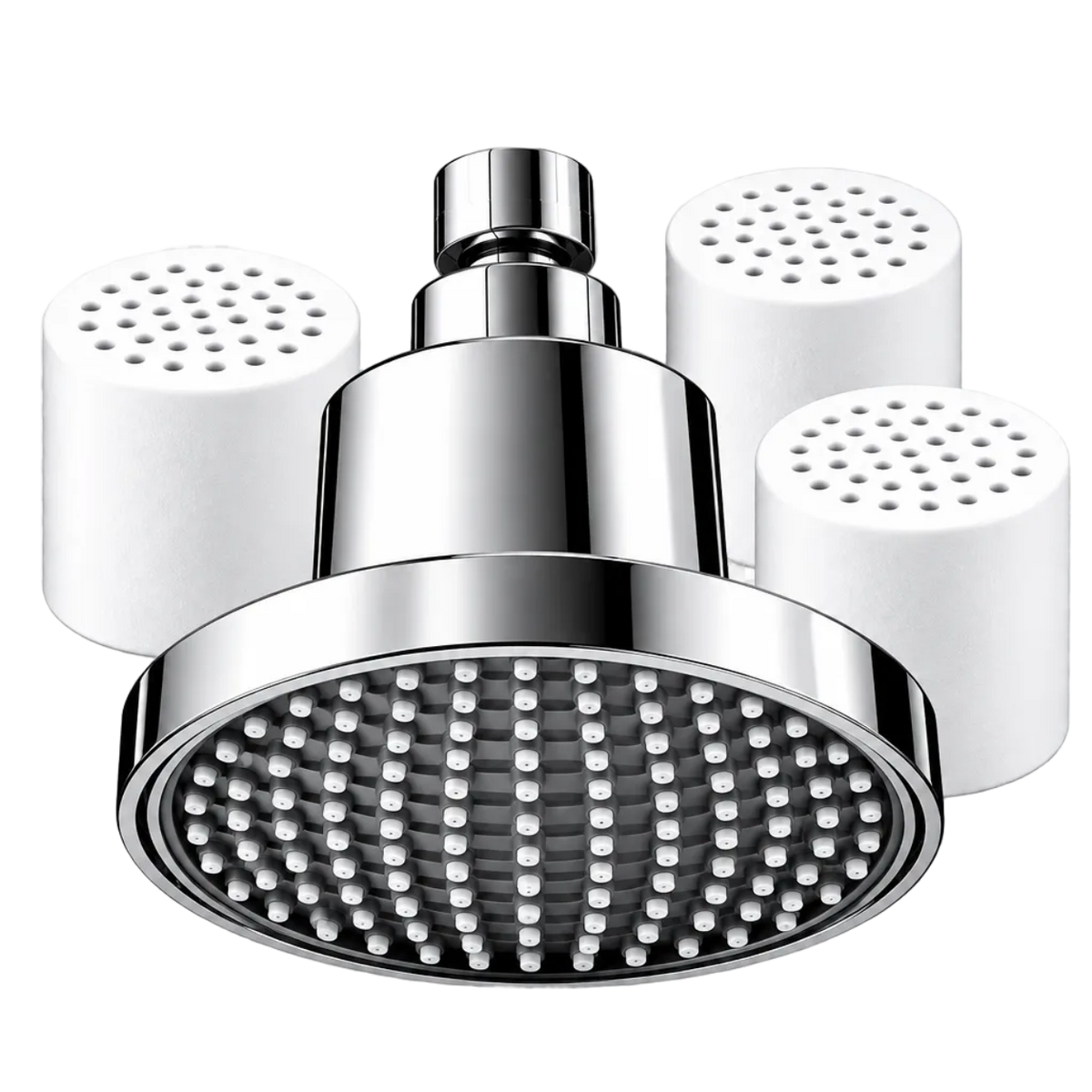 Velora chrome showerhead with three replacement filters arranged behind it