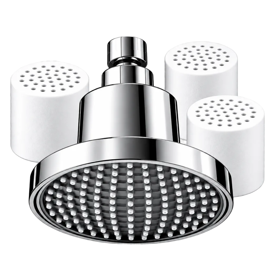 Velora chrome showerhead with three replacement filters arranged behind it